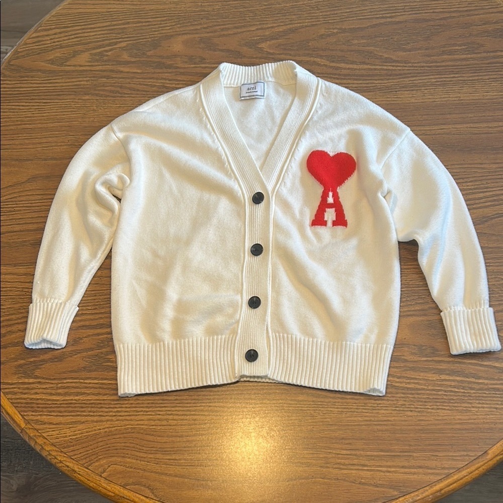 Ami Kids Cream Cardigan with Red Heart Accent